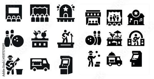 Concert and festival silhouette icons set – music, venue, entertainment symbols