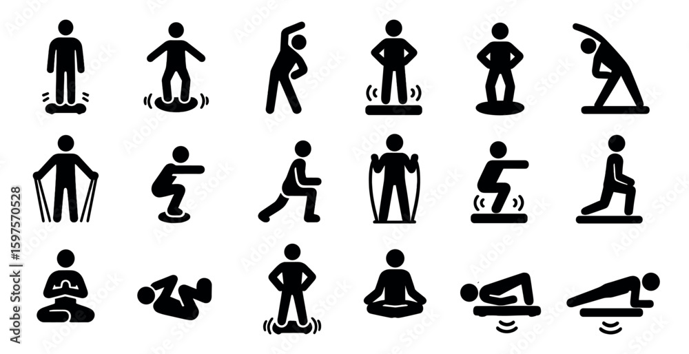 Obraz premium Fitness and exercise silhouette icons set – solid, workout, training symbols