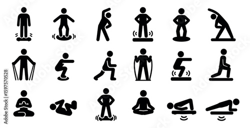 Fitness and exercise silhouette icons set – solid, workout, training symbols
