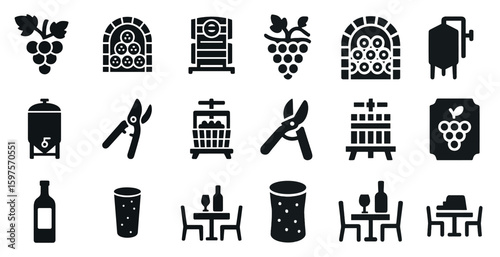 Winemaking silhouette icons set – solid, filled, brewery and vineyard symbols