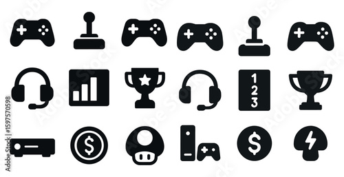 Gaming and technology solid icons set – flat, filled, gamer tools and devices