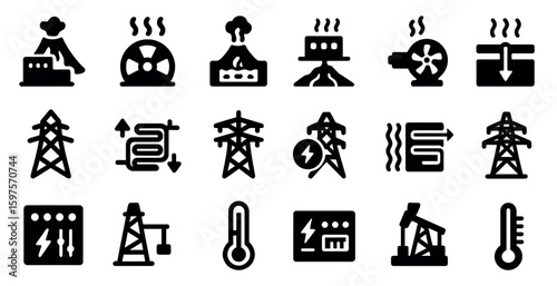 Energy and industry solid icons set – power, engineering, infrastructure symbols