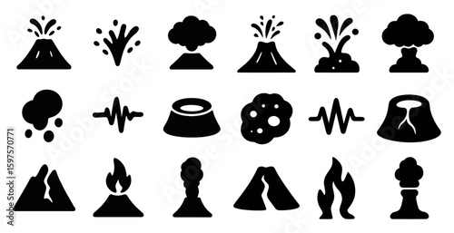 Volcano silhouette icons set – eruption, lava, seismic activity symbols