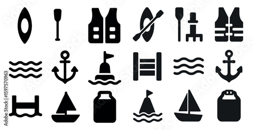 Water sports and boating icons set – silhouette, solid, nautical symbols collection
