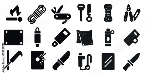 Camping and outdoor solid icons set – filled, survival and adventure symbols