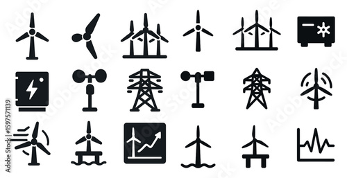 Renewable energy icons set – solid, silhouette, sustainable power symbols