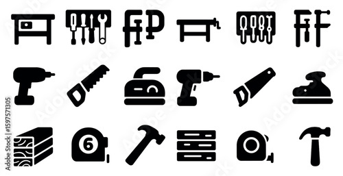Carpentry and woodworking solid icons set – tools, equipment, diy craft symbols