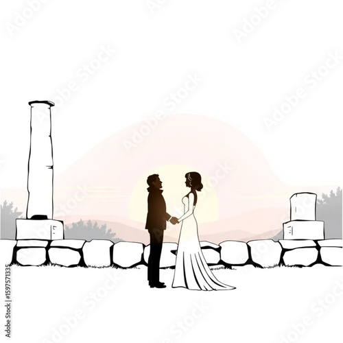 A couple exchanging vows as sunset glows on stone ruins