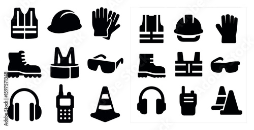 Safety and industrial solid icons set – silhouette, filled, protective gear symbols