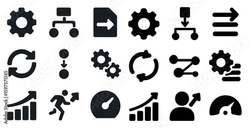 Business and workflow solid icons set – filled, process, management symbols