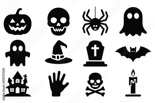 Halloween icons pumpkin skull spider ghost witch tomb bat haunted house hand candle