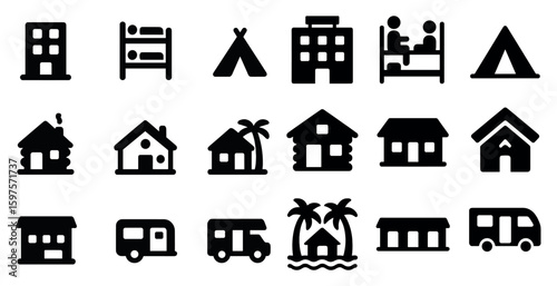Camping and lodging solid icons set – silhouette, filled, accommodation symbols
