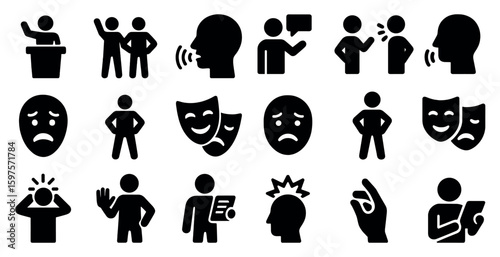 Communication and emotions icons set – silhouette, solid, interaction symbols
