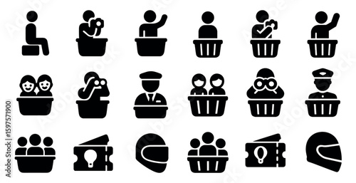 Public transportation solid icons set – flat, filled, commuting and travel symbols