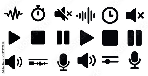 Audio and music solid icons set – filled, sound control, multimedia symbols