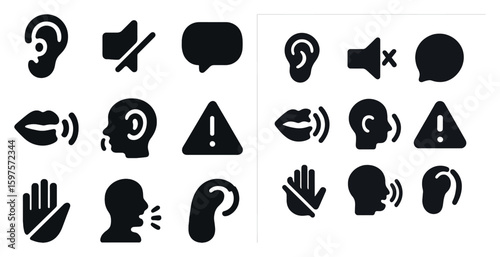 Communication and accessibility solid icons set – filled, silhouette, social interaction symbols