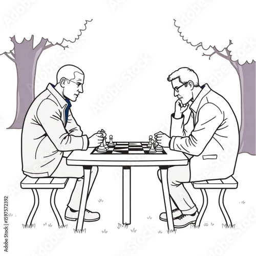 Two chess rivals hunched over an outdoor park table
