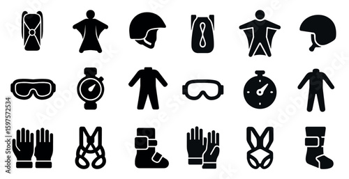 Extreme sports silhouette icons set – solid, filled, adventure and gear symbols