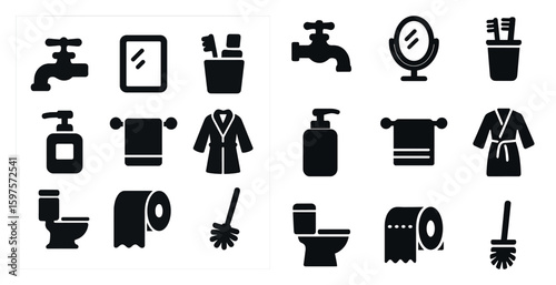 Bathroom essentials silhouette icons set – filled, solid, hygiene and restroom items