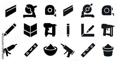 Construction and tool silhouette icons set – black, solid, building and repair symbols