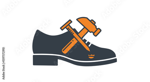 Shoe repair emblem with hammer and knife flat icon
