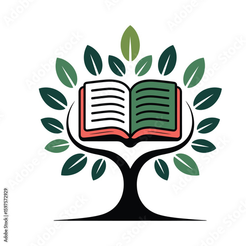 Open book as a tree of knowledge with green leaves and branches symbolizing growth and learning