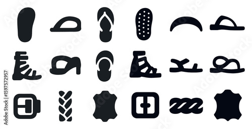 Footwear silhouette icons set – sandals, shoes, minimalist style symbols