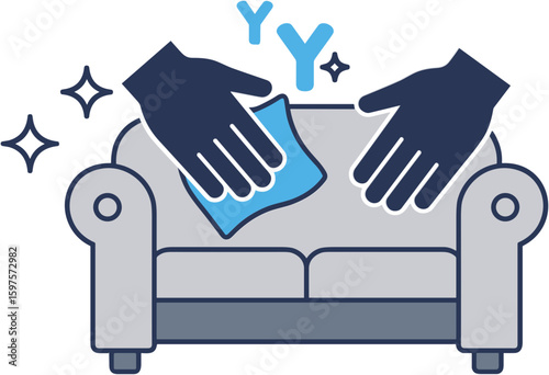 Upholstery dry-cleaning icon with two hands wiping sofa