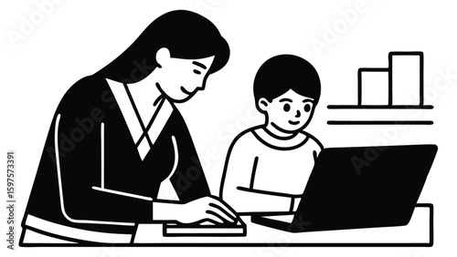 Parent Helping Child with Online Schoolwork Vector Illustration of Home Education