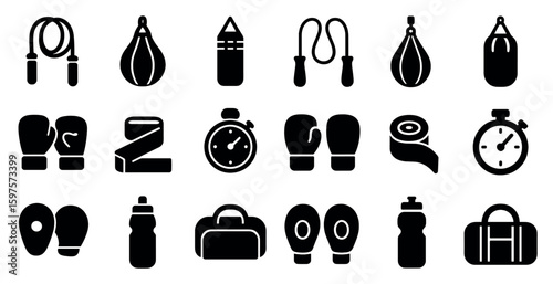 Boxing and fitness solid icons set – filled, gym and workout symbols