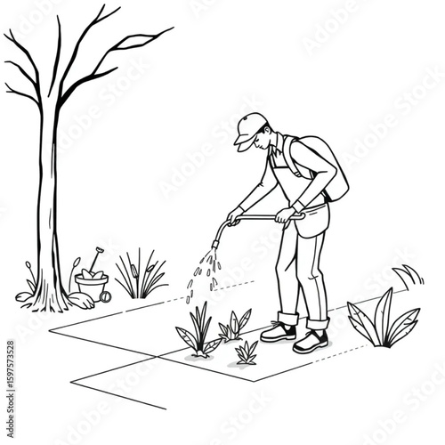 A city gardener watering seedings along the sidewalk