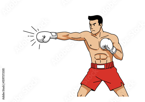 A cartoon boxer in red shorts throwing a punch with his left hand and guarding with his right