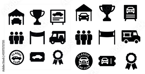 Classic car event solid icons set – silhouette, filled, automotive and award symbols