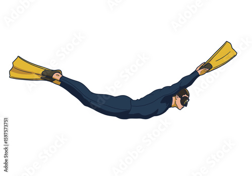A person wearing a wetsuit and fins swimsdives mimicking a flying pose