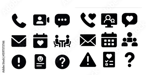 Communication and meeting solid icons set – filled, outline, chat and connection symbols