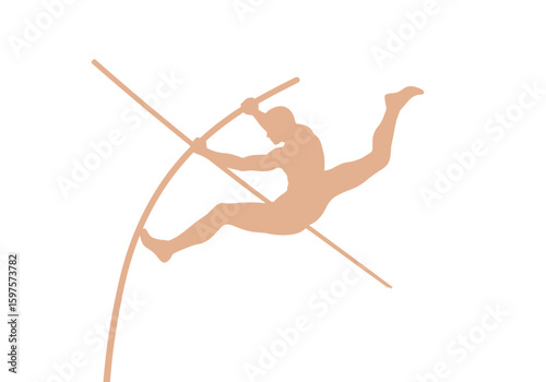 A silhouette of a pole vaulter is captured midaction against a white background