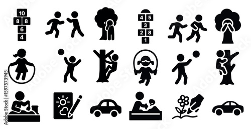 Outdoor playground silhouette icons set – kids, recreation, playtime symbols