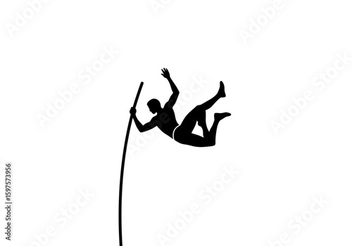 Black silhouette of a pole vaulter in midair holding a pole