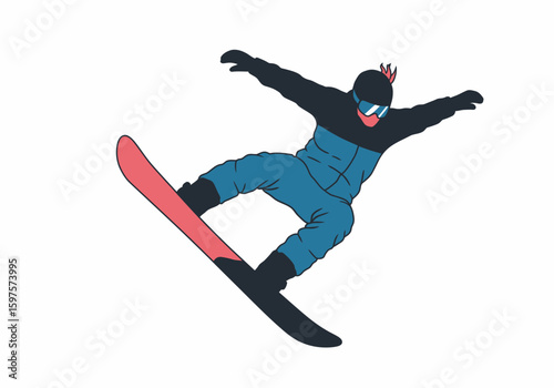 Cartoon snowboarder in blue suit midair on pink snowboard