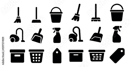 Cleaning and organization silhouette icons set – household, chores, tidying symbols