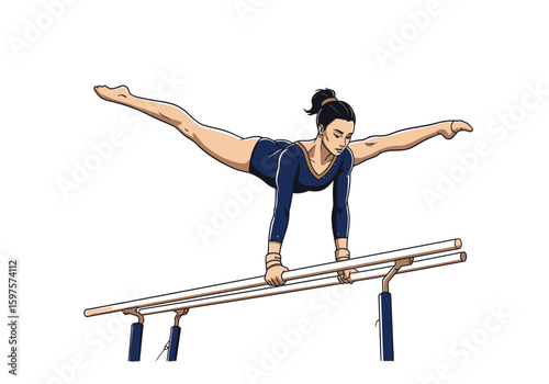 Gymnast performs a split on parallel bars