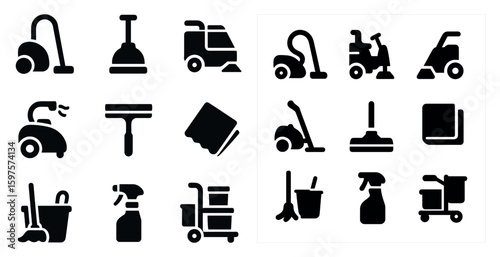 Cleaning tools solid icons set – silhouette, filled, maintenance and housekeeping symbols