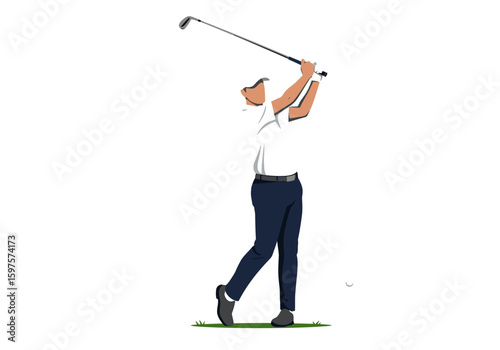Man in white shirt and blue pants swings golf club on green grass