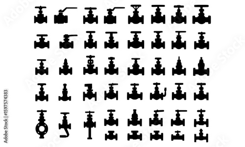 Set of Various Valves Silhouette Black icons of pipeline regulators and plumbing fixtures isolated on white background.