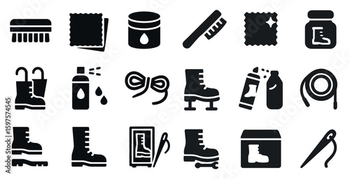 Shoe care solid icons set - flat, filled, footwear and maintenance tools