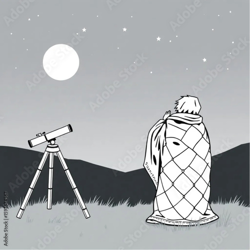 A stargazer wrapped in a quilt beside a telescope at dusk