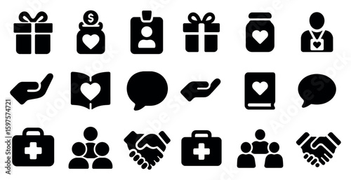 Charity and volunteer silhouette icons set – solid, filled, donation symbols
