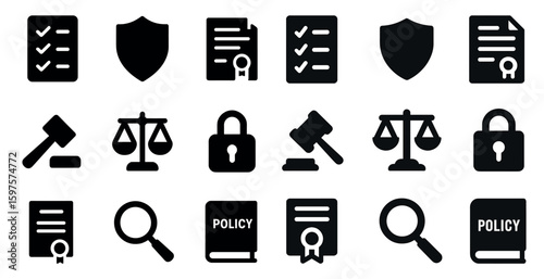 Legal and compliance solid icons set – filled, document, court and policy symbols