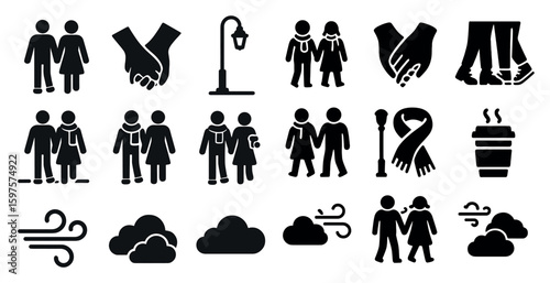 Winter solid icons set – silhouette, cozy, seasonal wintertime symbols