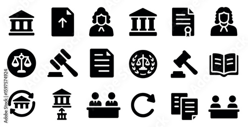Legal and judicial icons set – solid, filled, court and justice graphics